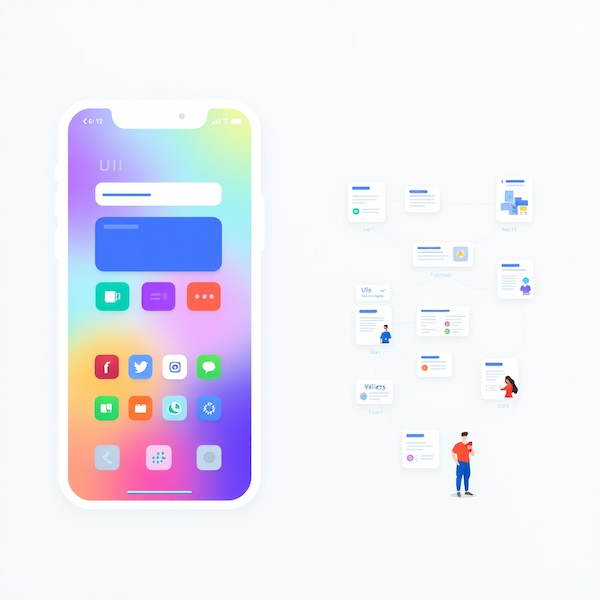 A phone and a flow chart, illustrating differences between the two concepts of UI and UX